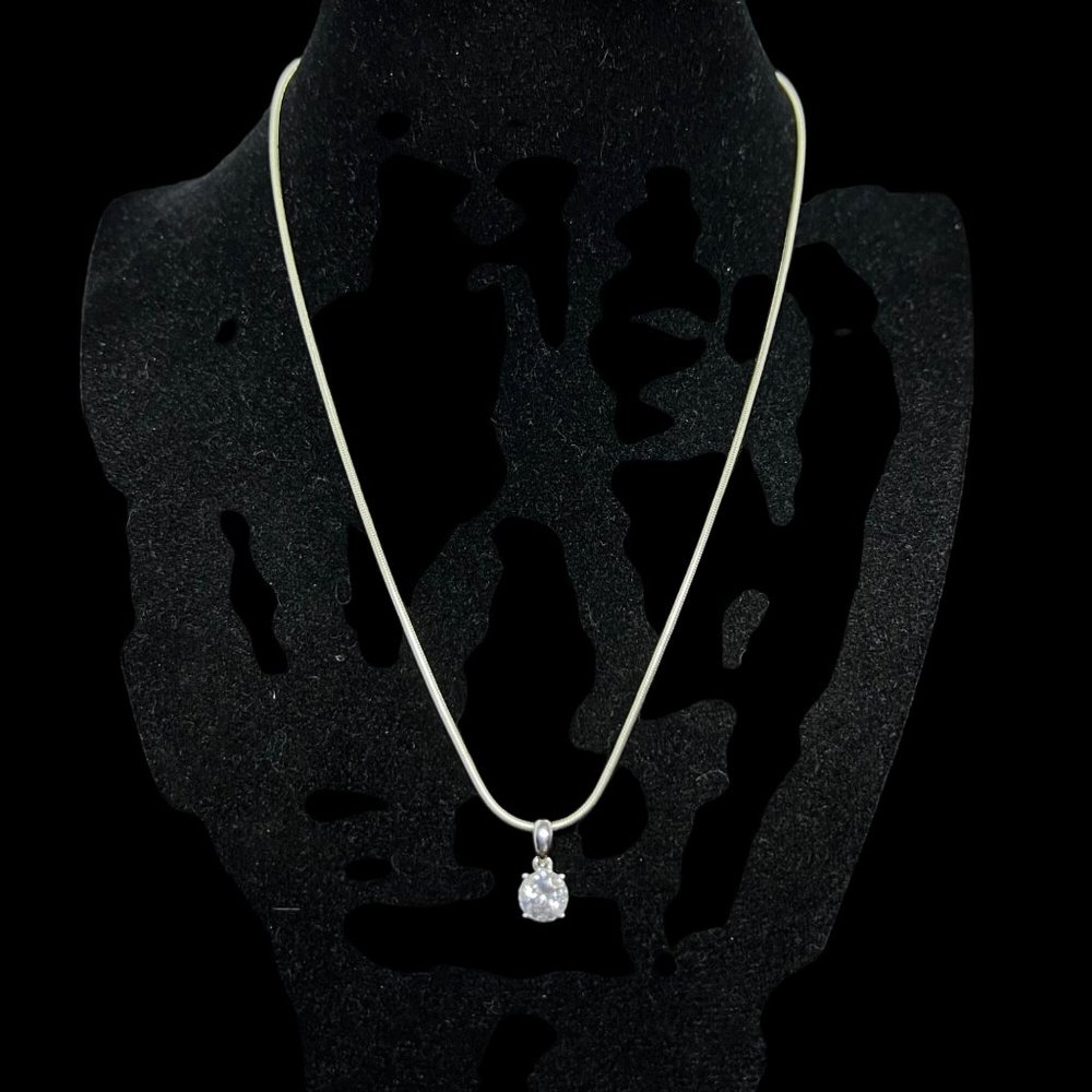 VTG Sterling Silver Snake Chain Necklace W/Solitaire CZ Pendant (2738)
